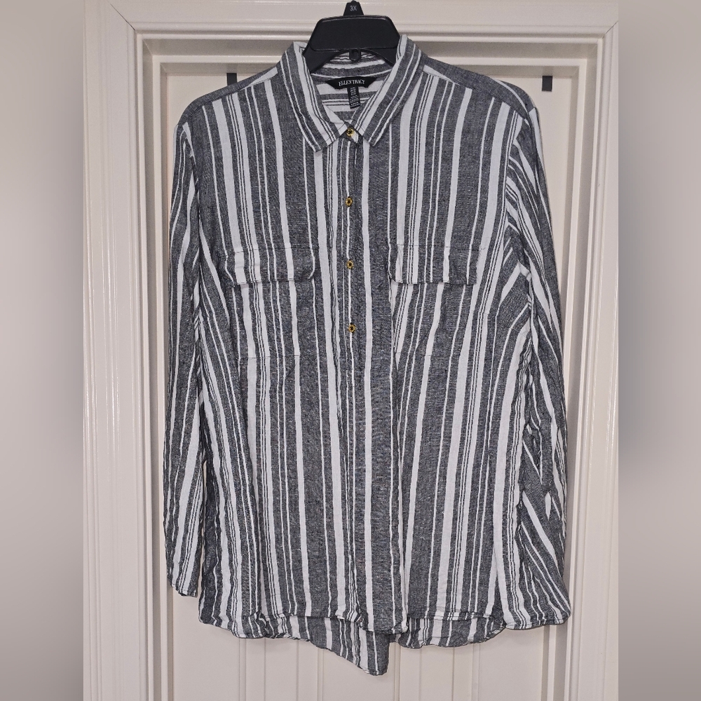 Ellen Tracy Black and White Striped 100% Linen Shirt 3X